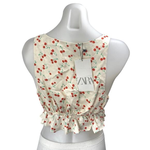 NEW Zara Cream Cherries Print Silky Satin Sleeveless Peplum Crop Tank Top Size S - Picture 2 of 3